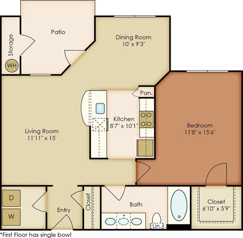 Floor plan for 1 bed, 1 bath, 834 sqft